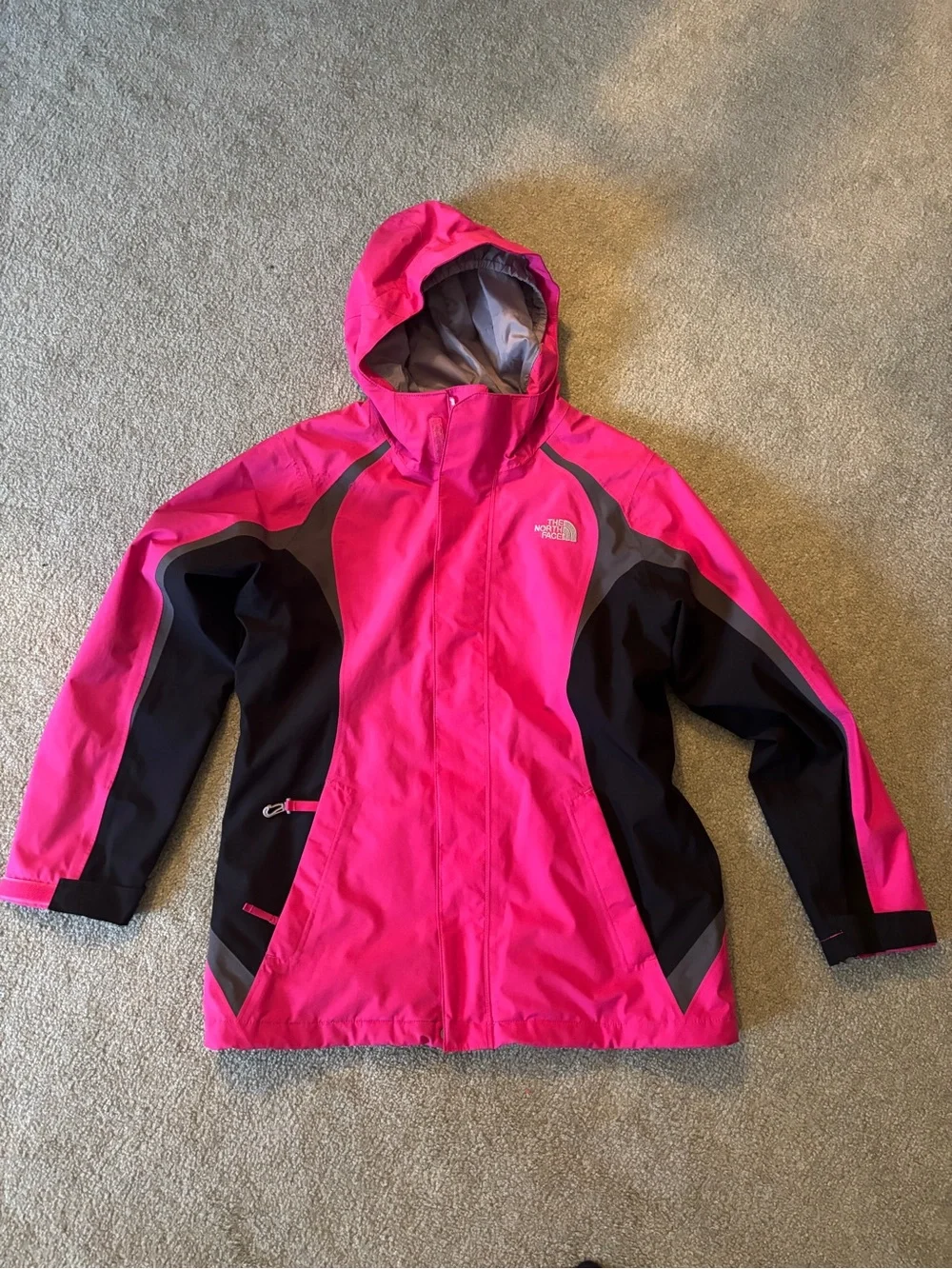 The North Face Hot Pink and Black Hooded Rain Jacket - Girls